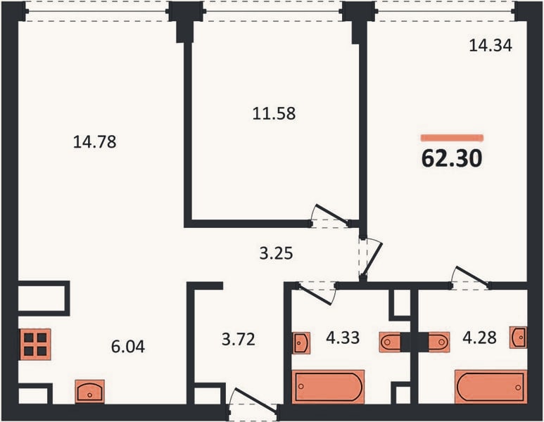 Планировка: 2-к, 62,3 м²