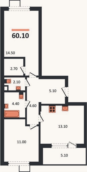 Планировка: 2-к, 60,1 м²