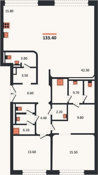 Планировка: 2-к, 133,4 м²