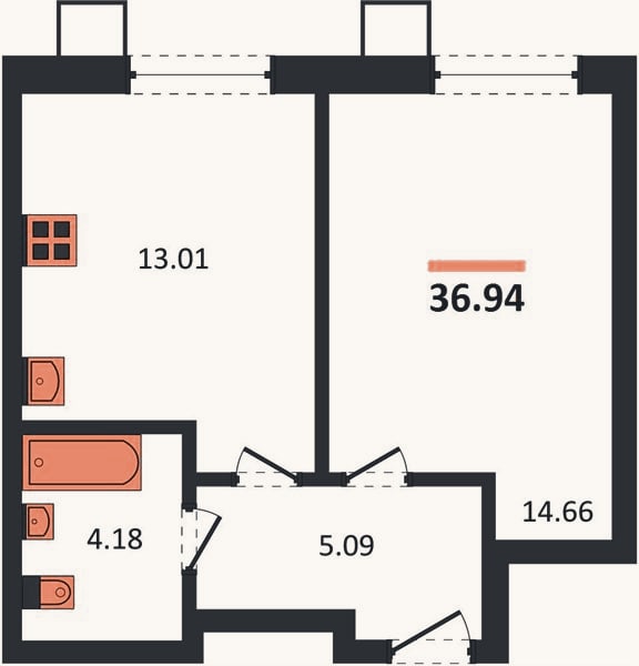 Планировка: 1-к, 36,9 м²