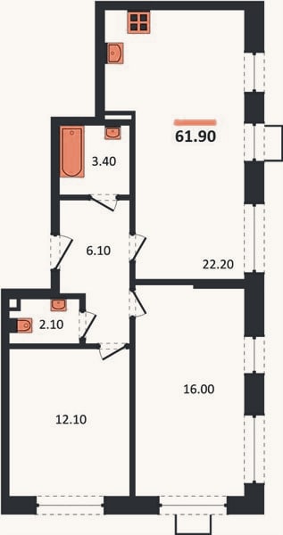 Планировка: 2-к, 61,9 м²