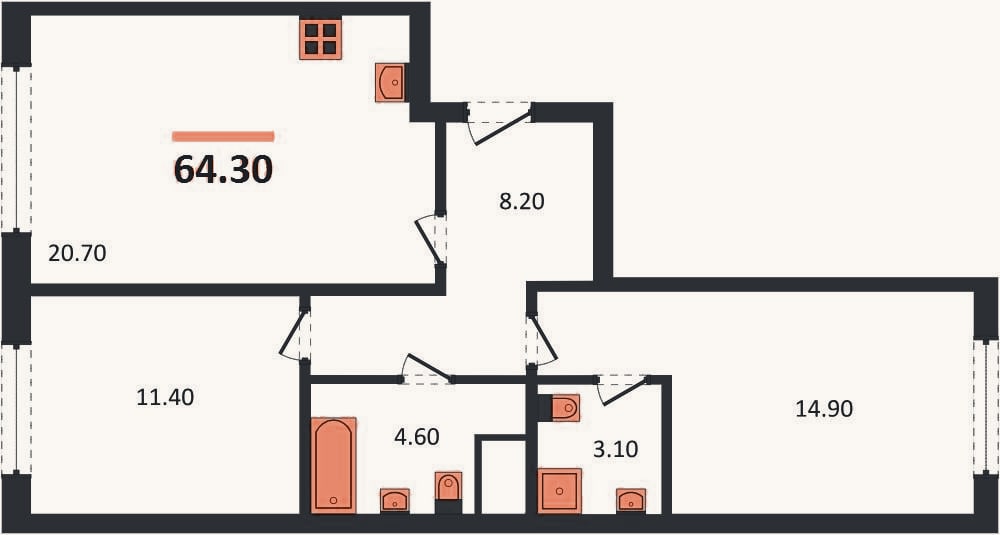 Планировка: 2-к, 64,2 м²