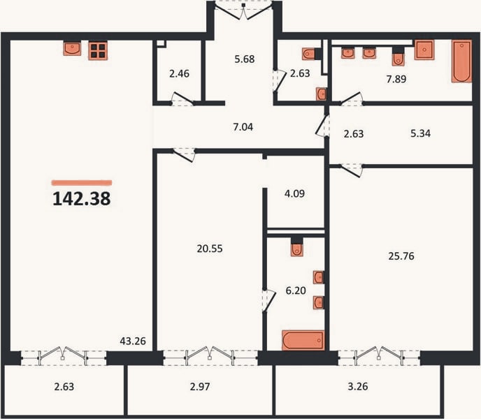 Планировка: 2-к, 142,4 м²