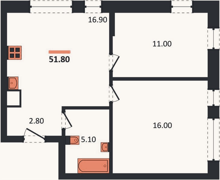 Планировка: 2-к, 51,8 м²