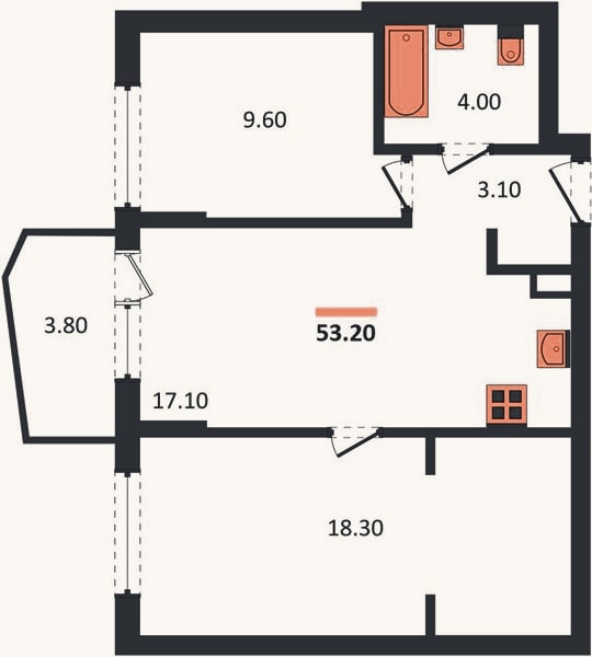 Планировка: 2-к, 53,2 м²