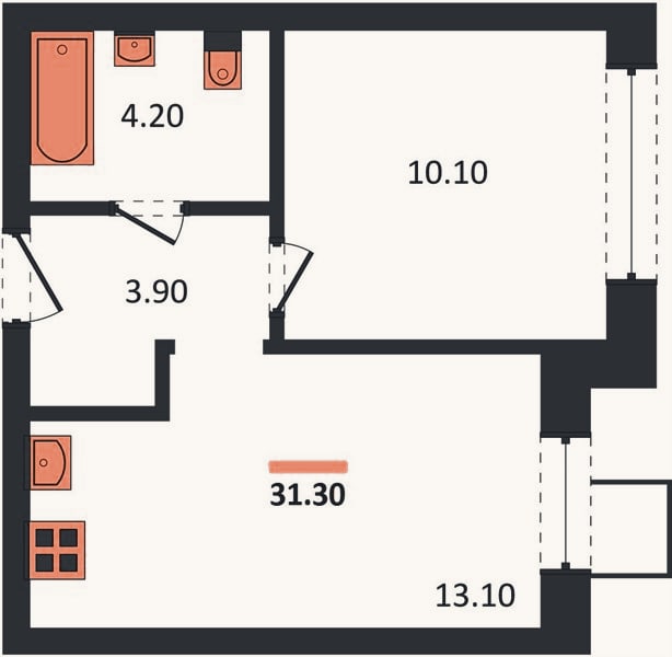 Планировка: 1-к, 31,3 м²