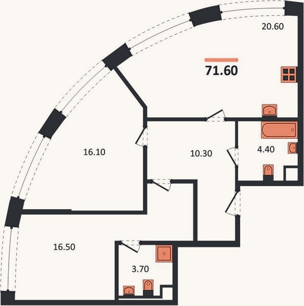 Планировка: 2-к, 71,6 м²