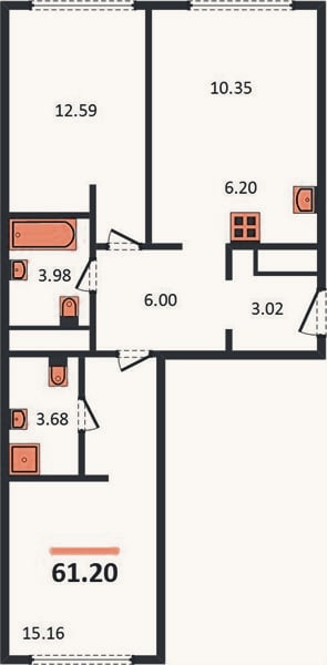 Планировка: 2-к, 61,2 м²