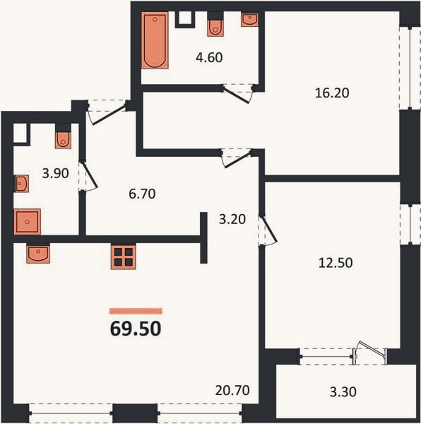 Планировка: 2-к, 69,5 м²