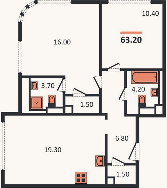 Планировка: 2-к, 63,2 м²