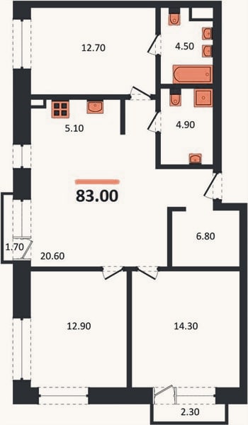 Планировка: 3-к, 83 м²