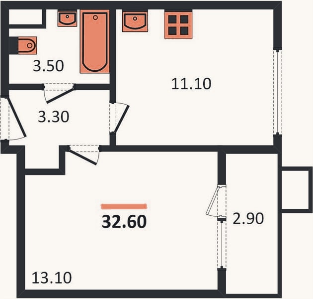 Планировка: 1-к, 32,6 м²