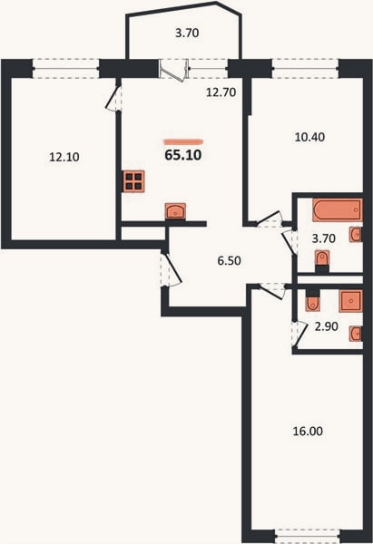 Планировка: 3-к, 65,1 м²