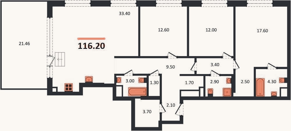 Планировка: 3-к, 116,2 м²