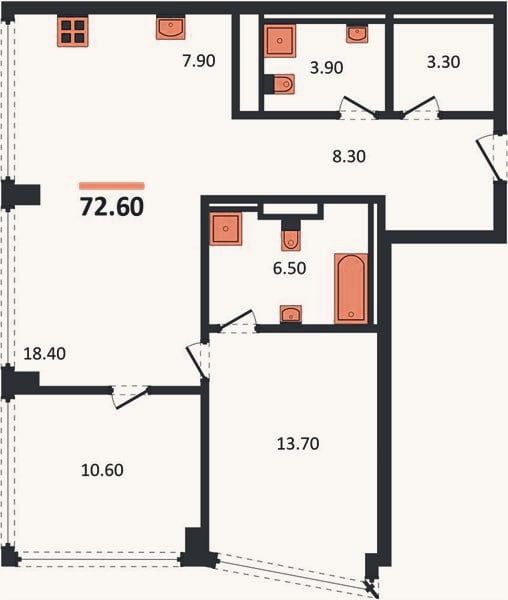 Планировка: 2-к, 72,6 м²