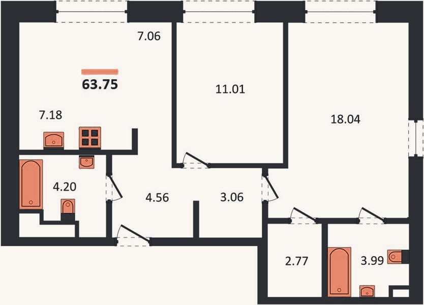 Планировка: 2-к, 63,8 м²