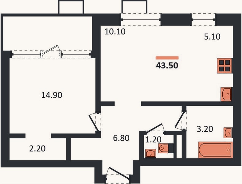 Планировка: 1-к, 43,5 м²