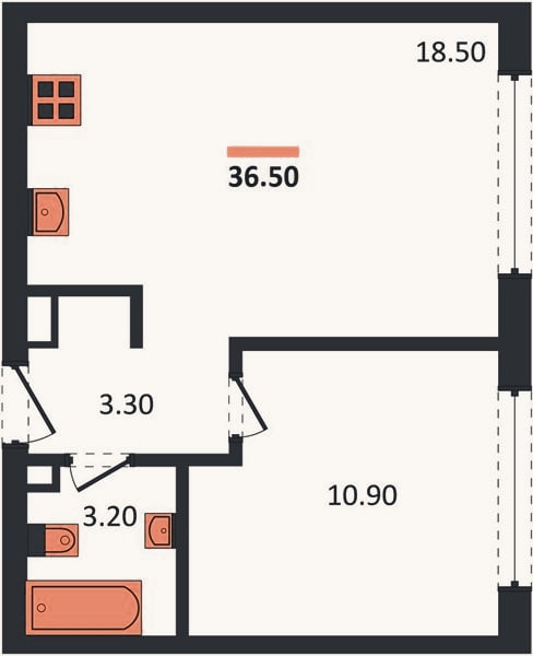 Планировка: 1-к, 36,5 м²