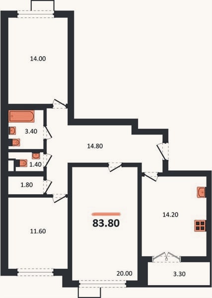 Планировка: 3-к, 83,8 м²