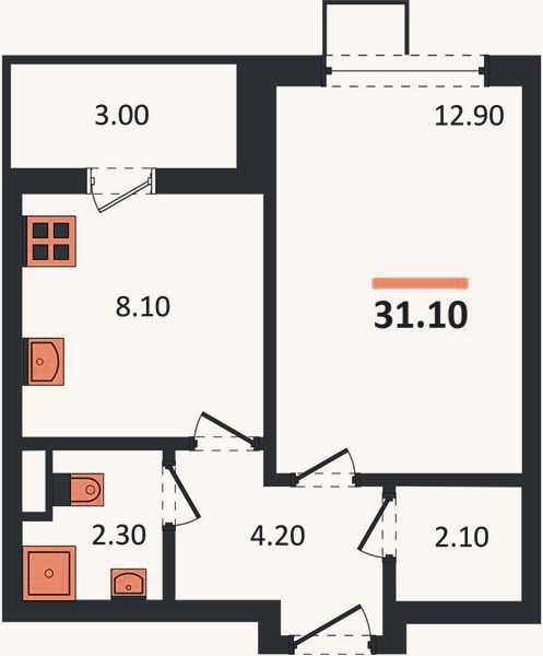 Планировка: 1-к, 31,1 м²