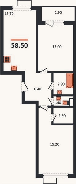 Планировка: 2-к, 58,5 м²