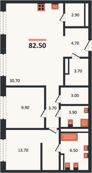 Планировка: 2-к, 82,5 м²