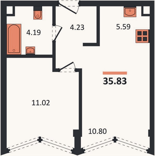 Планировка: 1-к, 35,8 м²