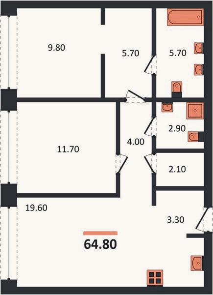 Планировка: 2-к, 64,8 м²