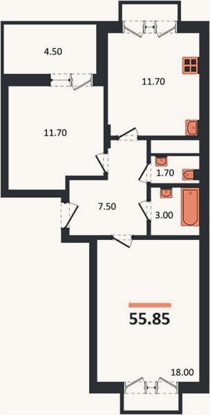 Планировка: 2-к, 55,9 м²