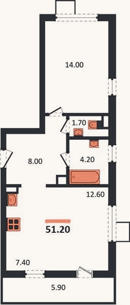 Планировка: 1-к, 51,2 м²