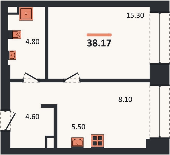Планировка: 1-к, 38,2 м²