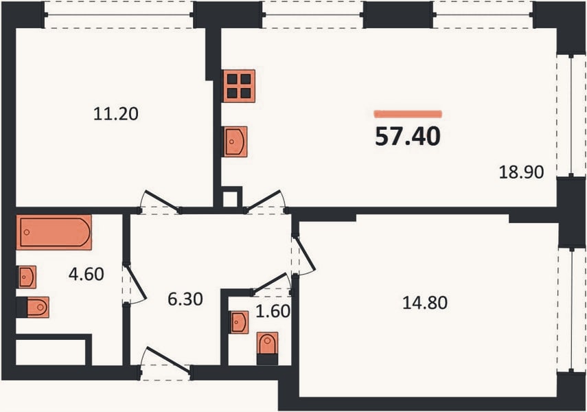 Планировка: 2-к, 57,4 м²