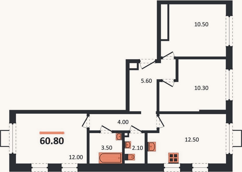 Планировка: 3-к, 60,8 м²