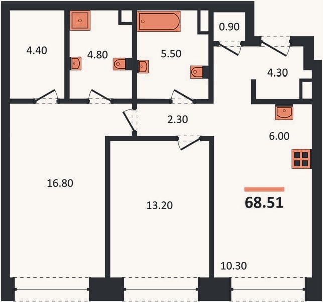 Планировка: 2-к, 68,5 м²