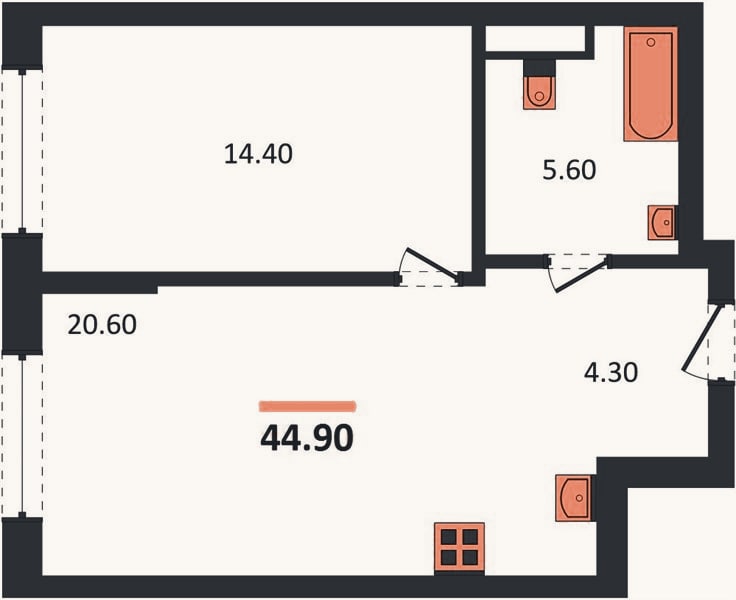 Планировка: 1-к, 44,9 м²