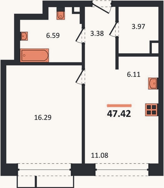 Планировка: 1-к, 47,4 м²
