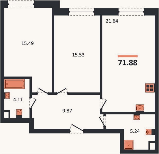 Планировка: 2-к, 71,9 м²
