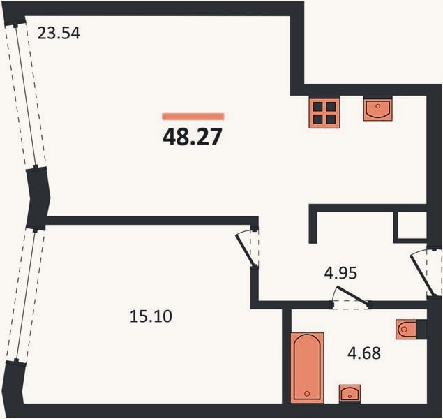 Планировка: 1-к, 48,3 м²