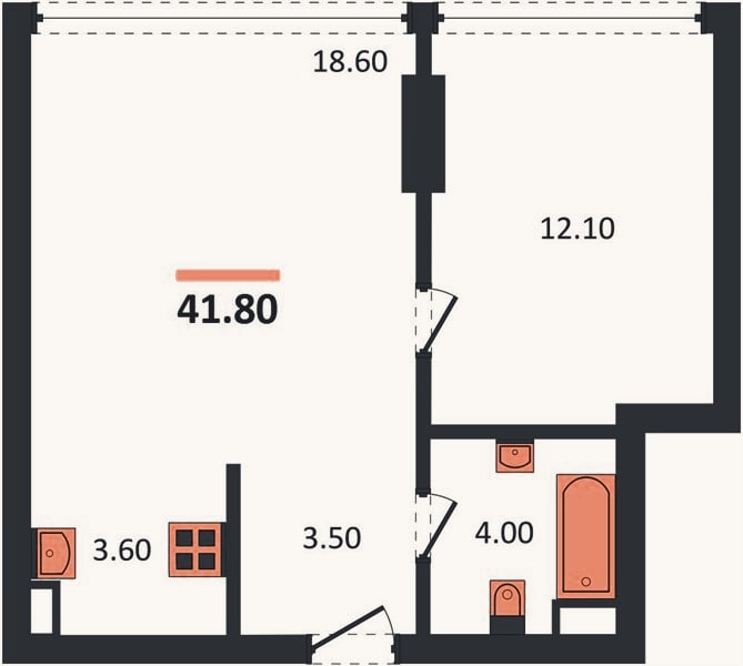 Планировка: 1-к, 41,8 м²