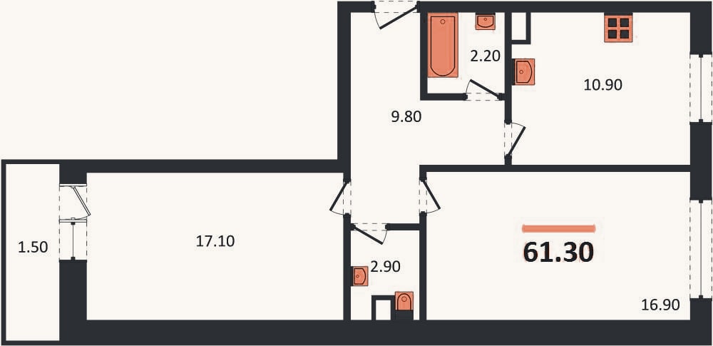 Планировка: 2-к, 61,3 м²