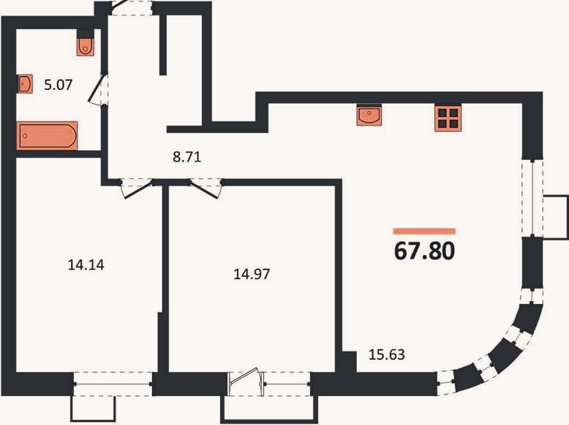 Планировка: 2-к, 67,8 м²