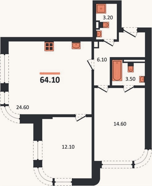 Планировка: 2-к, 64,1 м²