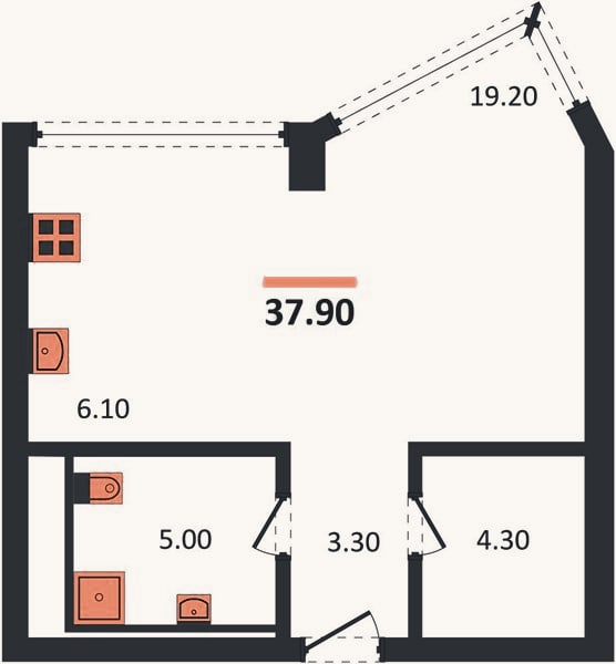 Планировка: Студия, 37,9 м²