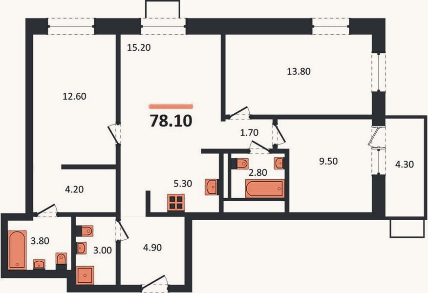 Планировка: 3-к, 78,1 м²