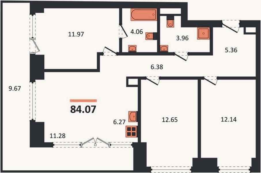 Планировка: 3-к, 84,1 м²