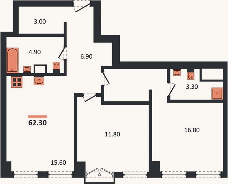 Планировка: 2-к, 62,3 м²