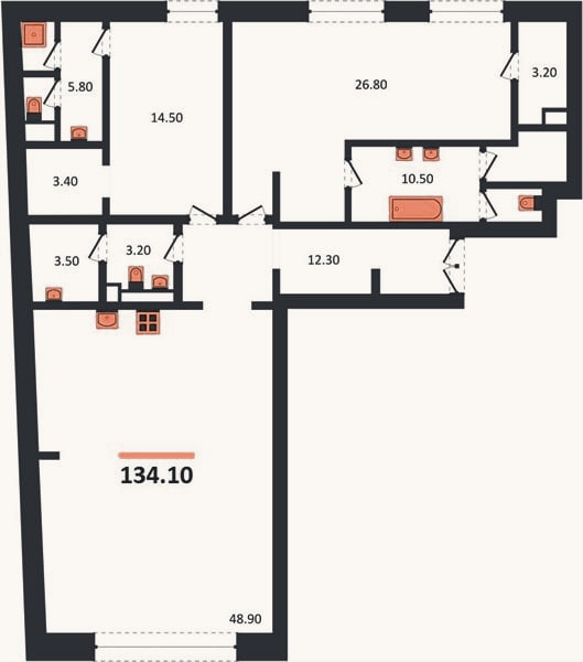 Планировка: 2-к, 134,1 м²