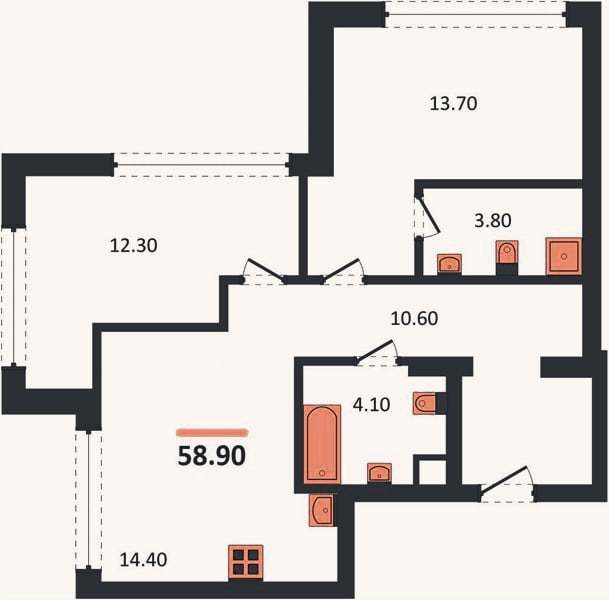 Планировка: 2-к, 58,9 м²