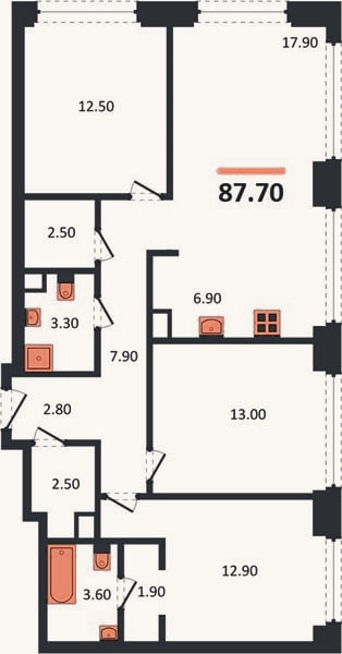Планировка: 3-к, 87,7 м²