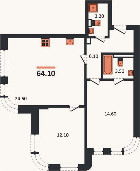 Планировка: 2-к, 64,1 м²